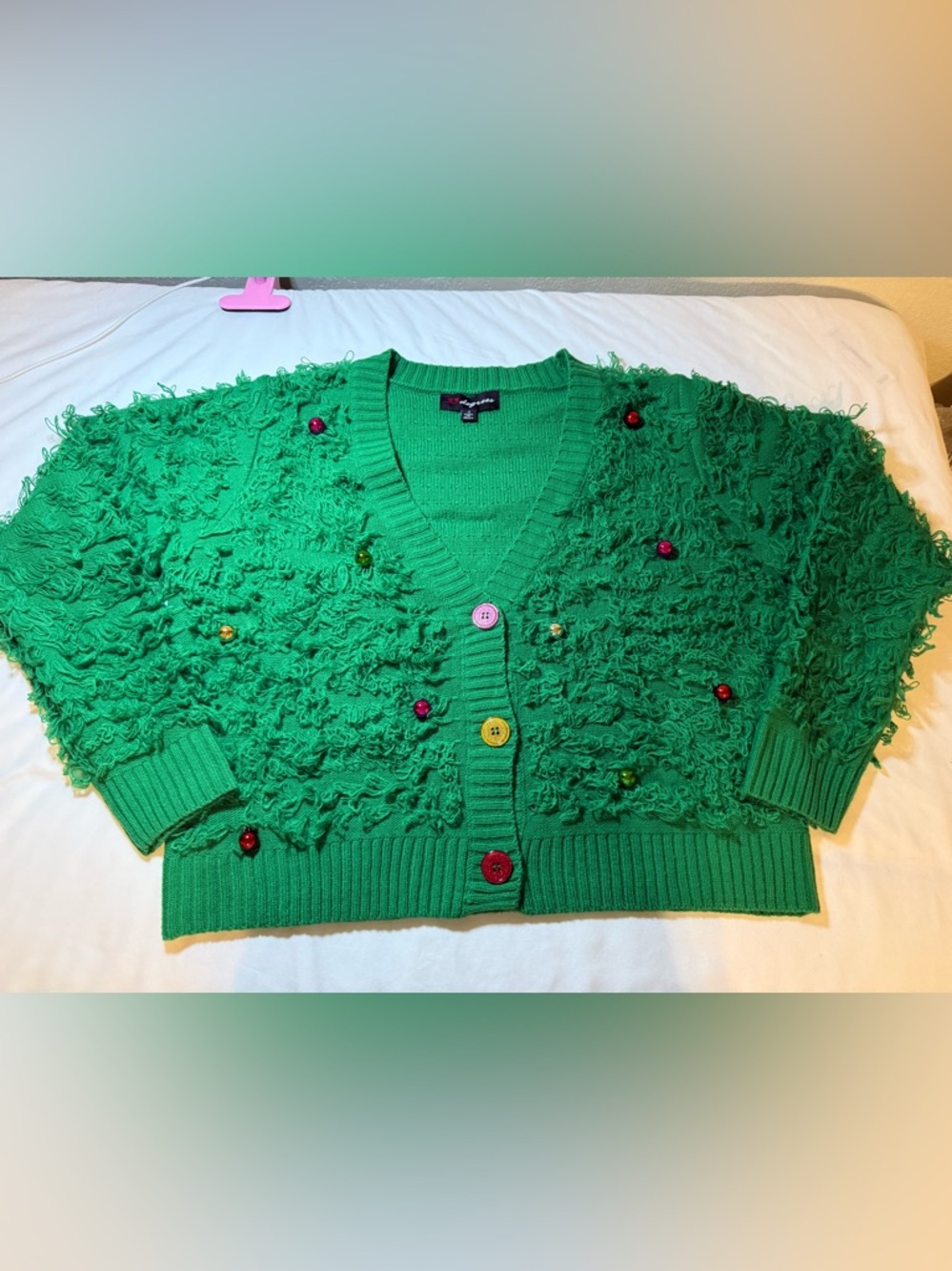 32 Degrees Bright Green Textured Button-Front Cardigan with Colorful Buttons